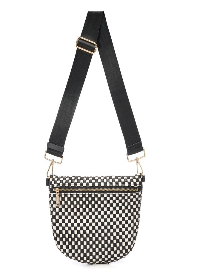 kuifang Woven Crossbody Bags For Women, Checkered Fashion PU Bum Bag Waist Pack, Travel Sling Purse with Adjustable Strap（Black) - Image 1
